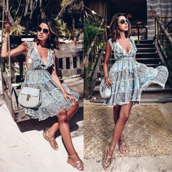 Zimmermann Dresses & Skirts - Zimmermann Caravan Tiered Sun Dress Splice Blue Floral Ruffle Pom Pom Trim Mini
